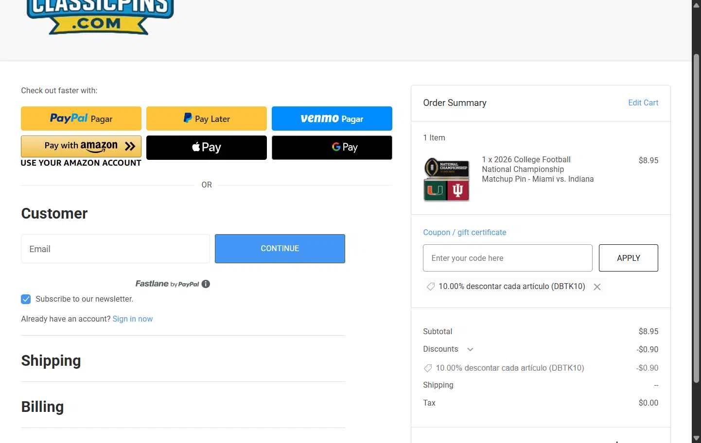 Classic Pins checkout page showing Classic Pins coupon code box | Screenshot taken by SimplyCodes community member on Feb 7, 2026