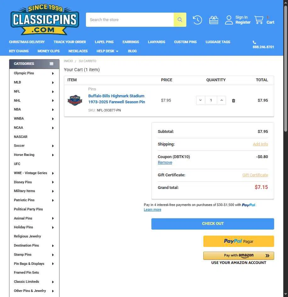 Classic Pins checkout page showing Classic Pins coupon code box | Screenshot taken by SimplyCodes community member on Jan 9, 2026