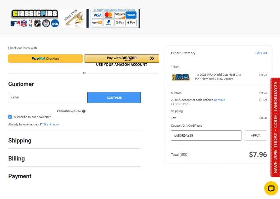 Classic Pins checkout page showing Classic Pins coupon code box | Screenshot taken by SimplyCodes community member on Aug 31, 2025