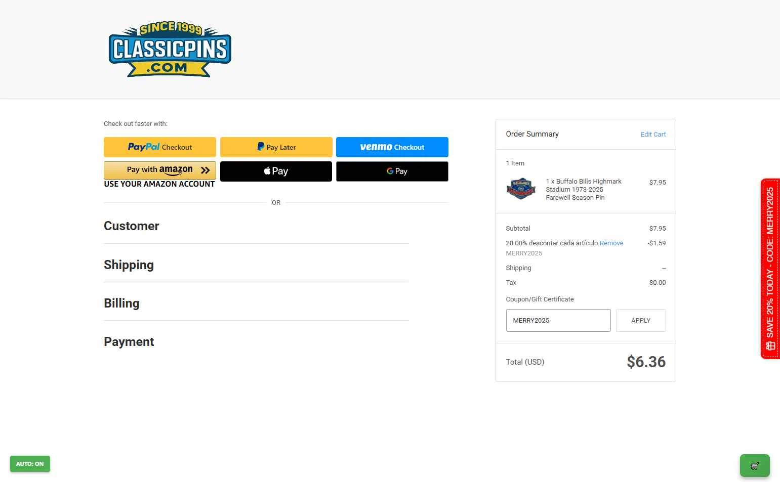 Classic Pins checkout page showing Classic Pins coupon code box | Screenshot taken by SimplyCodes community member on Nov 28, 2025