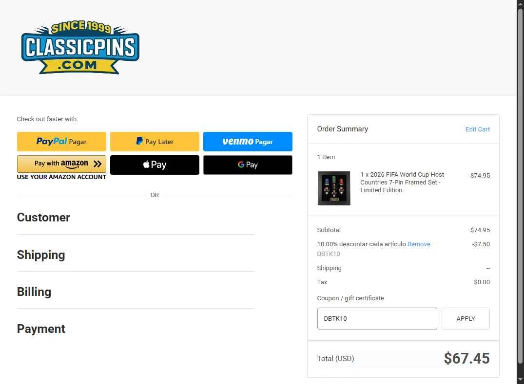 Classic Pins checkout page showing Classic Pins coupon code box | Screenshot taken by SimplyCodes community member on Dec 28, 2025