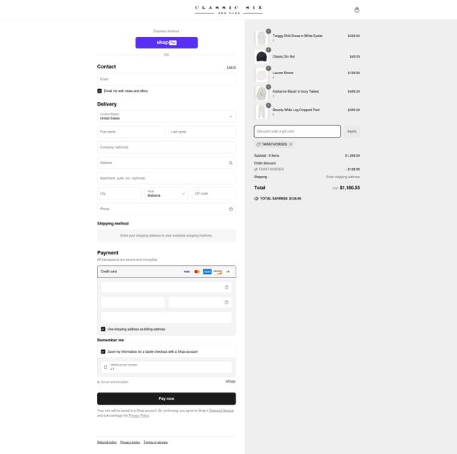 Classic Six checkout page showing Classic Six promo code box | Screenshot taken by SimplyCodes community member on May 13, 2025