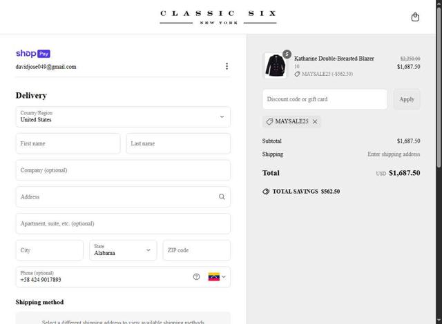 Classic Six checkout page showing Classic Six promo code box | Screenshot taken by SimplyCodes community member on May 9, 2025