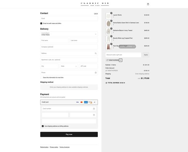 Classic Six checkout page showing Classic Six promo code box | Screenshot taken by SimplyCodes community member on Feb 25, 2025