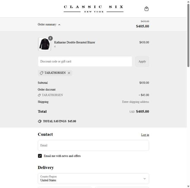 Classic Six checkout page showing Classic Six promo code box | Screenshot taken by SimplyCodes community member on Mar 27, 2025