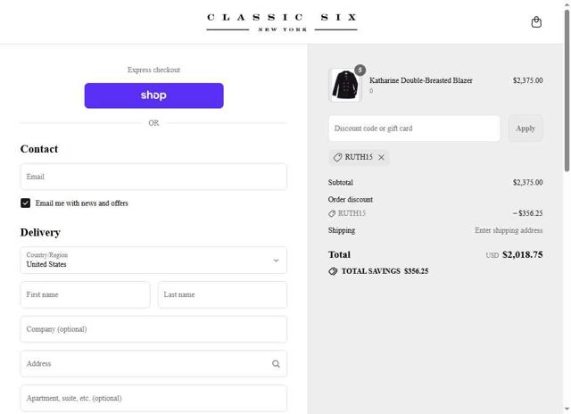 Classic Six checkout page showing Classic Six promo code box | Screenshot taken by SimplyCodes community member on Sep 12, 2025