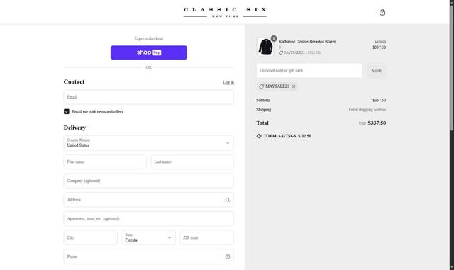 Classic Six checkout page showing Classic Six promo code box | Screenshot taken by SimplyCodes community member on May 9, 2025
