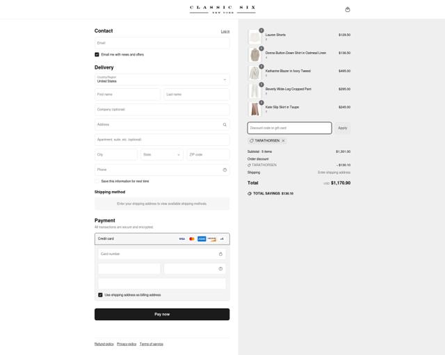 Classic Six checkout page showing Classic Six promo code box | Screenshot taken by SimplyCodes community member on Apr 7, 2025