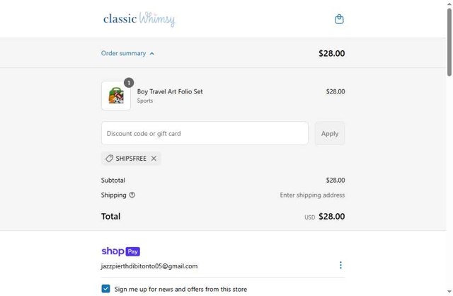 Classic Whimsy checkout page showing Classic Whimsy discount code box | Screenshot taken by SimplyCodes community member on May 21, 2025