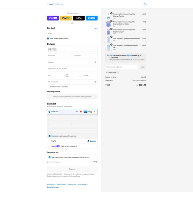 Classic Whimsy checkout page showing Classic Whimsy discount code box | Screenshot taken by SimplyCodes community member on Jul 18, 2025