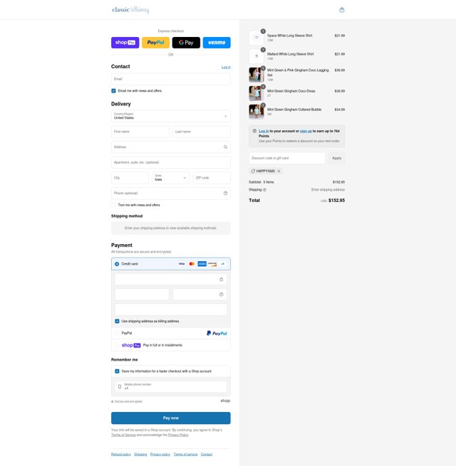 Classic Whimsy checkout page showing Classic Whimsy discount code box | Screenshot taken by SimplyCodes community member on Jul 26, 2025
