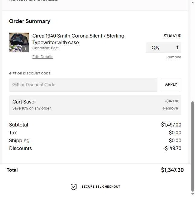 Classic Typewriter checkout page showing Classic Typewriter promo code box | Screenshot taken by SimplyCodes community member on Jun 17, 2025