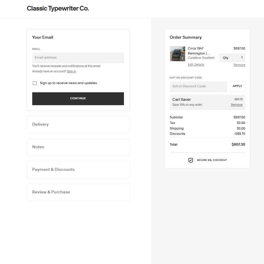 Classic Typewriter checkout page showing Classic Typewriter promo code box | Screenshot taken by SimplyCodes community member on Jun 17, 2025