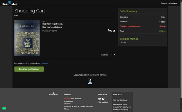 Classmates checkout page showing Classmates promo code box | Screenshot taken by SimplyCodes community member on Aug 29, 2025
