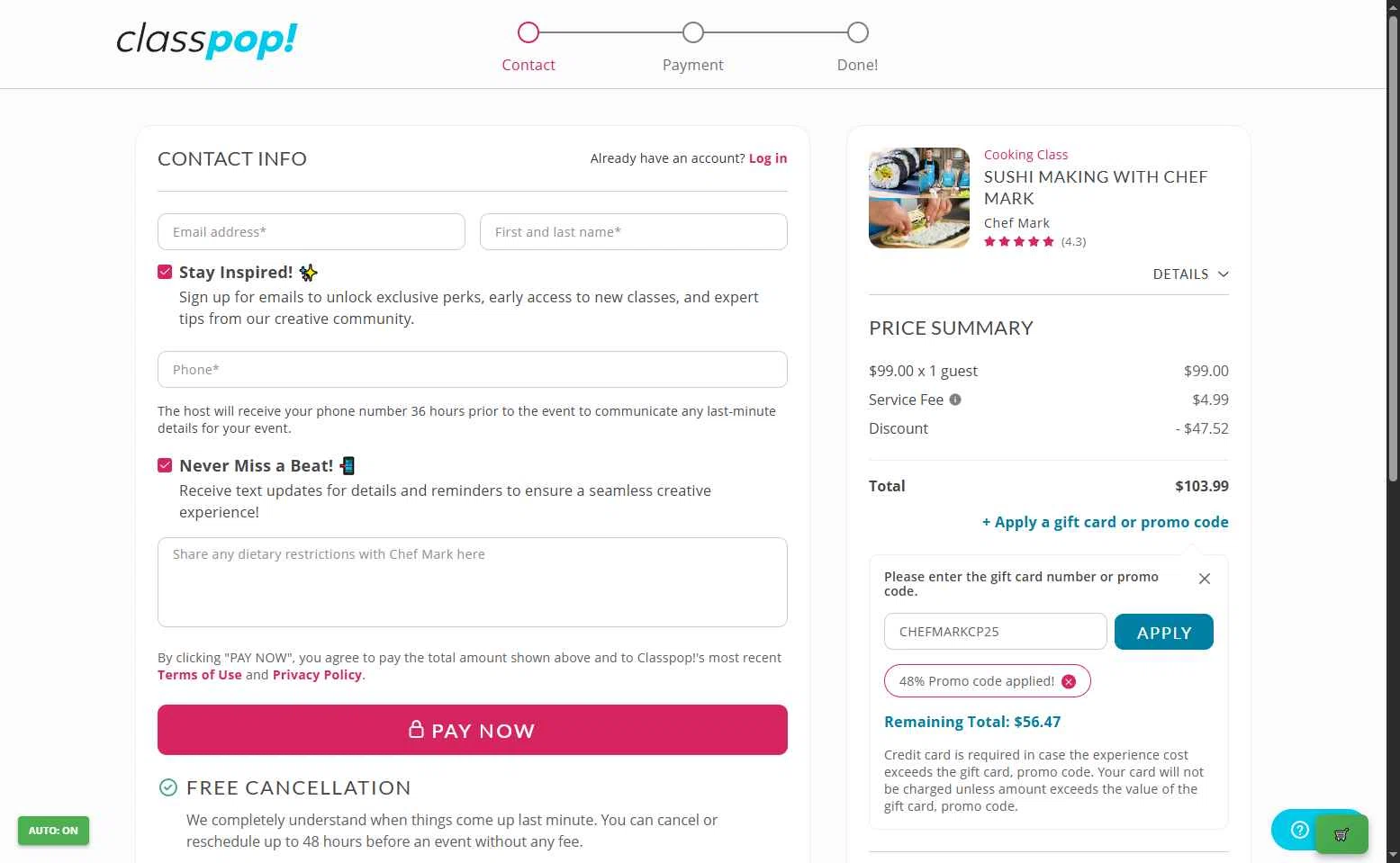Classpop! checkout page showing Classpop! promo code box | Screenshot taken by SimplyCodes community member on Nov 10, 2025