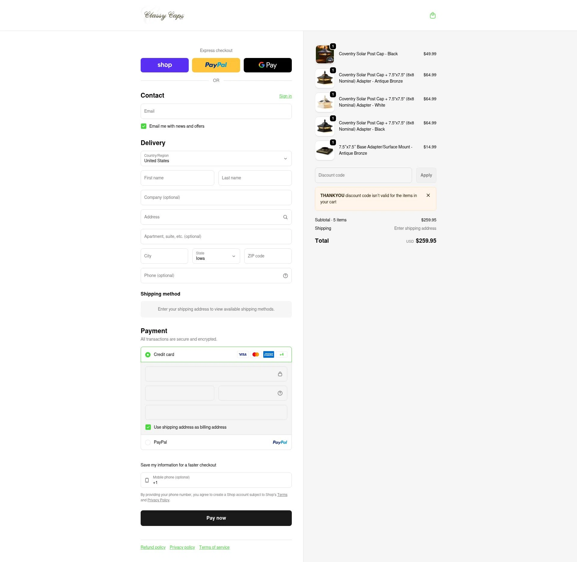 Classy Caps checkout page showing Classy Caps discount code box | Screenshot taken by SimplyCodes community member on Jan 13, 2026