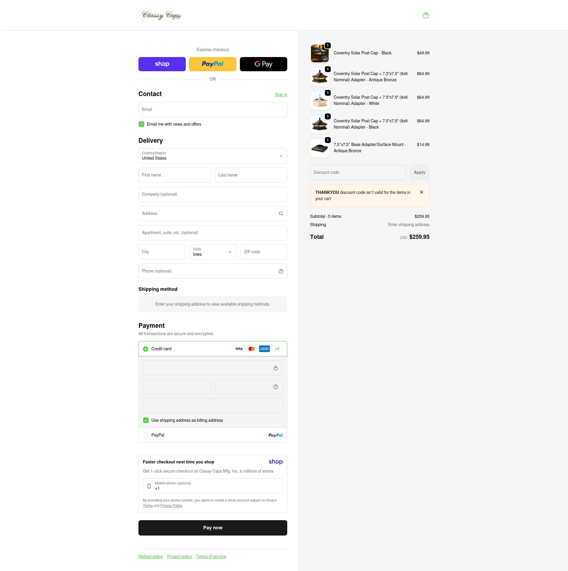 Classy Caps checkout page showing Classy Caps discount code box | Screenshot taken by SimplyCodes community member on Jan 8, 2026