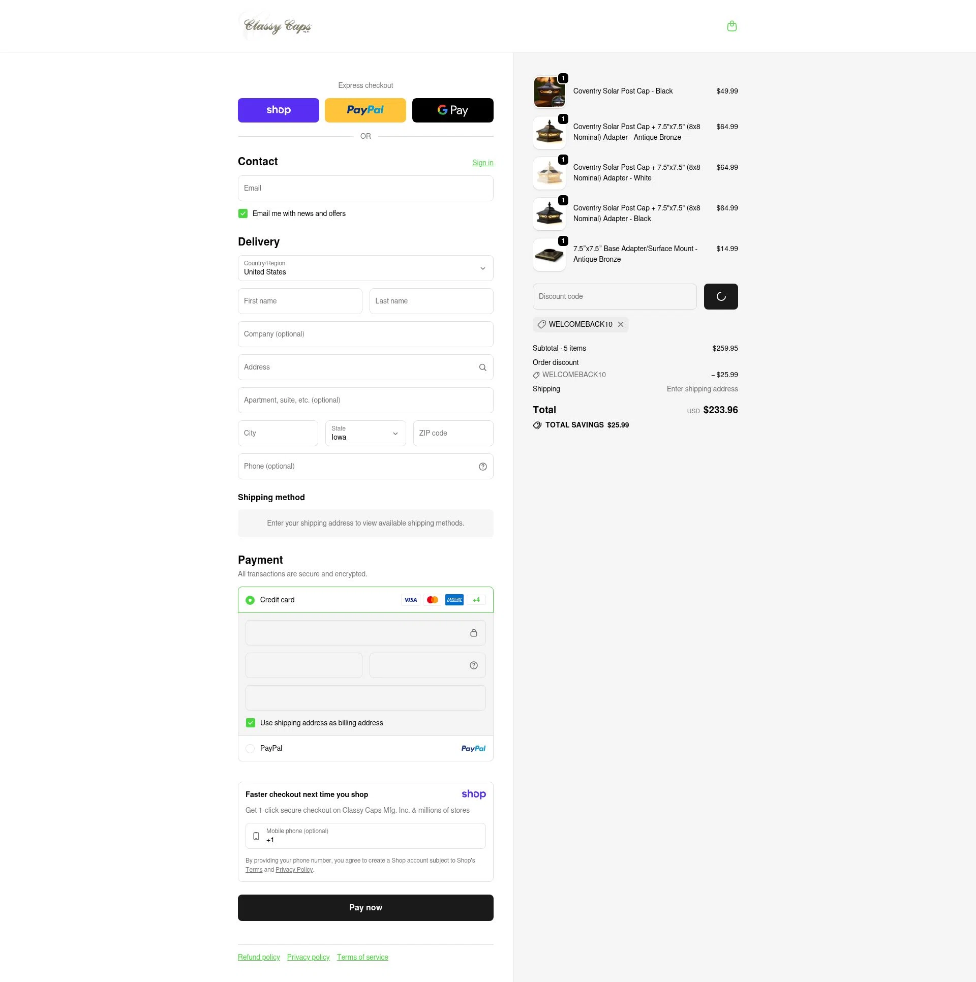 Classy Caps checkout page showing Classy Caps discount code box | Screenshot taken by SimplyCodes community member on Jan 8, 2026
