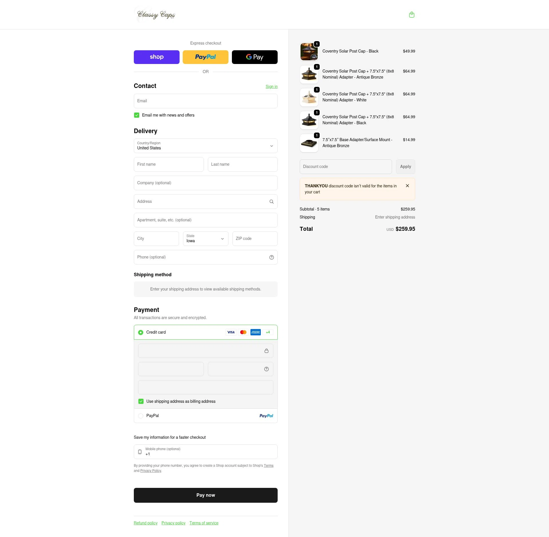 Classy Caps checkout page showing Classy Caps discount code box | Screenshot taken by SimplyCodes community member on Feb 5, 2026
