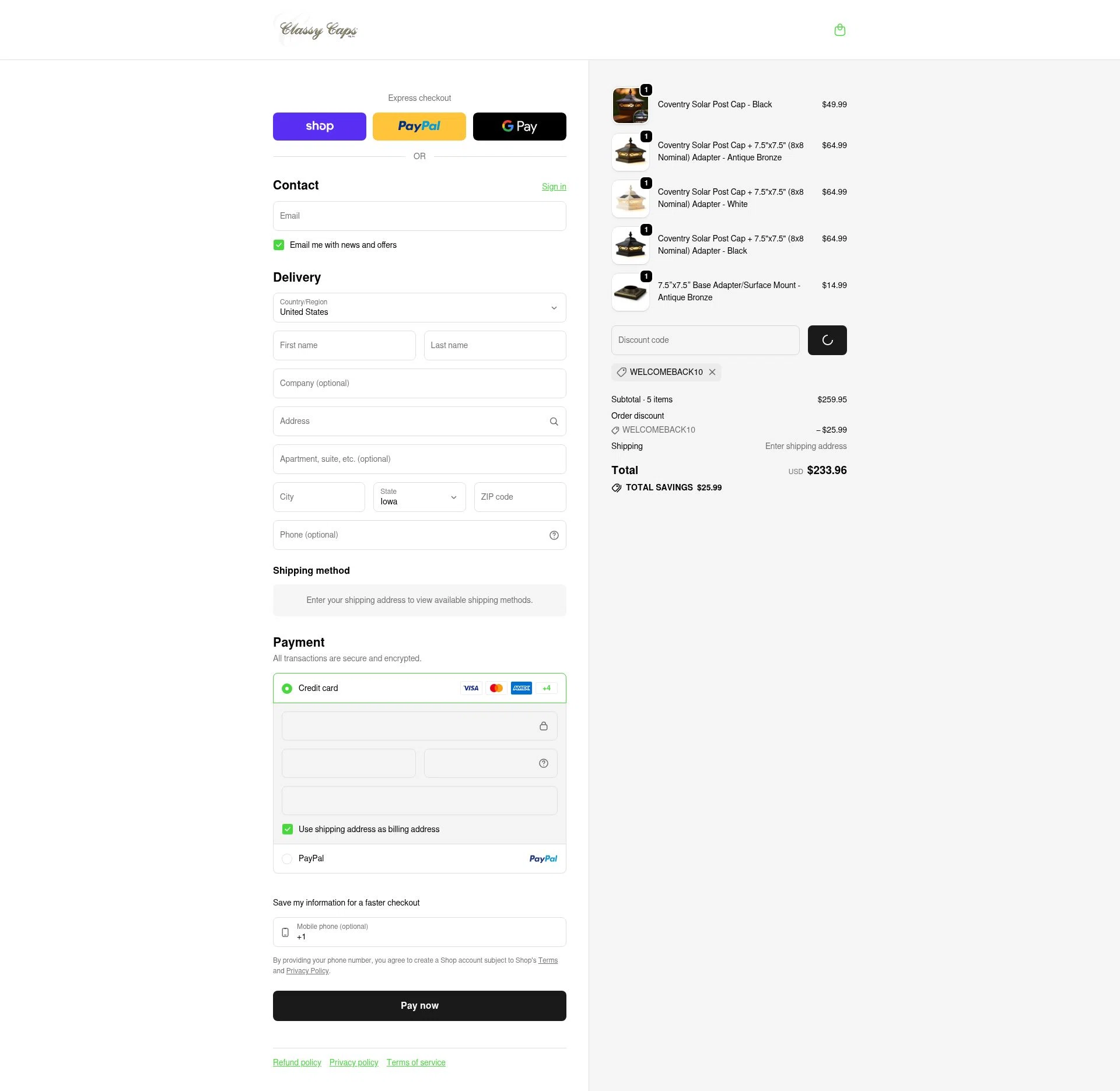 Classy Caps checkout page showing Classy Caps discount code box | Screenshot taken by SimplyCodes community member on Jan 13, 2026