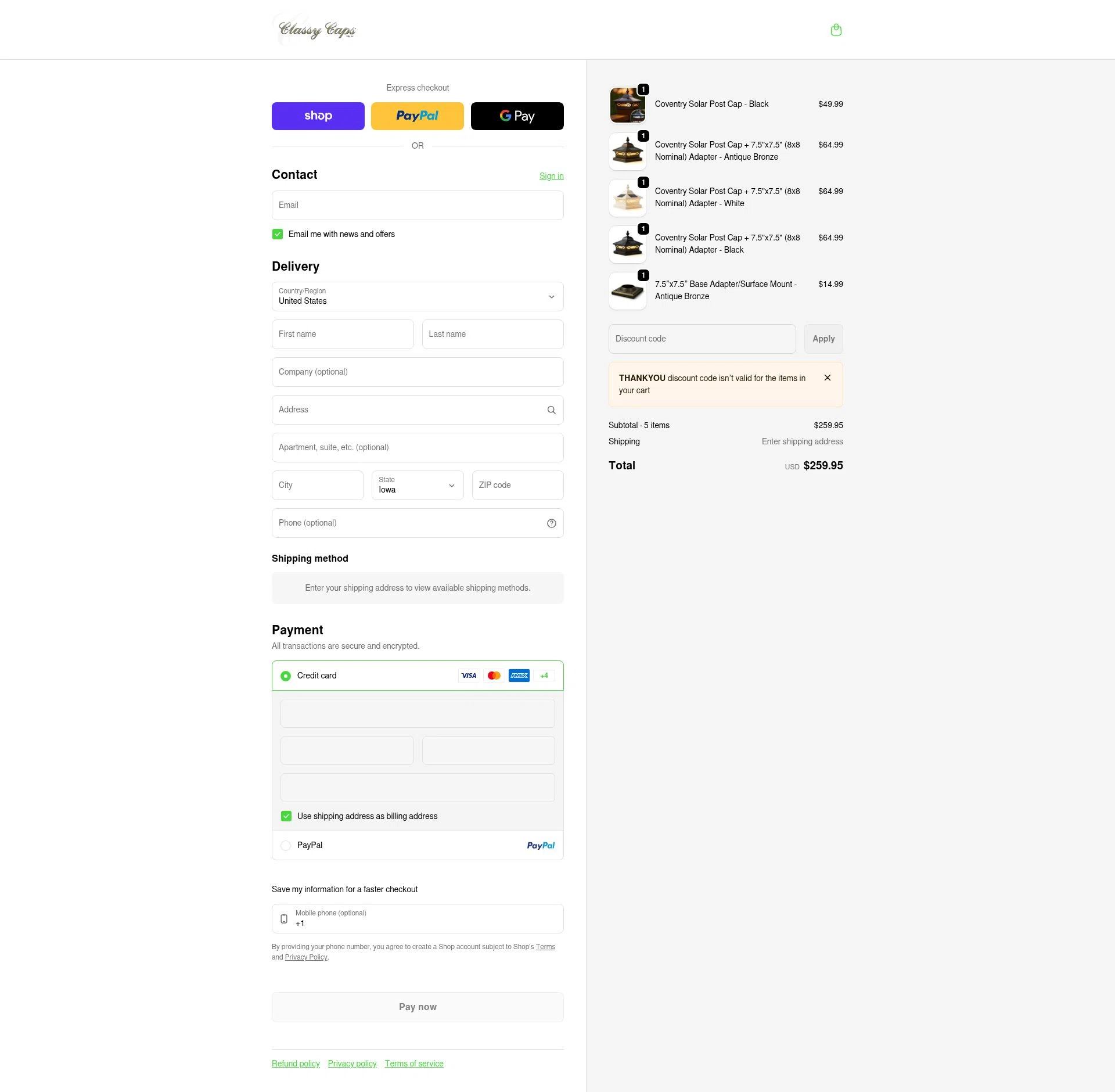 Classy Caps checkout page showing Classy Caps discount code box | Screenshot taken by SimplyCodes community member on Feb 1, 2026