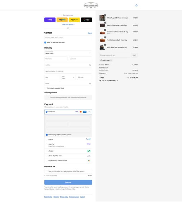 Classy Leather Bags checkout page showing Classy Leather Bags discount code box | Screenshot taken by SimplyCodes community member on Sep 14, 2025