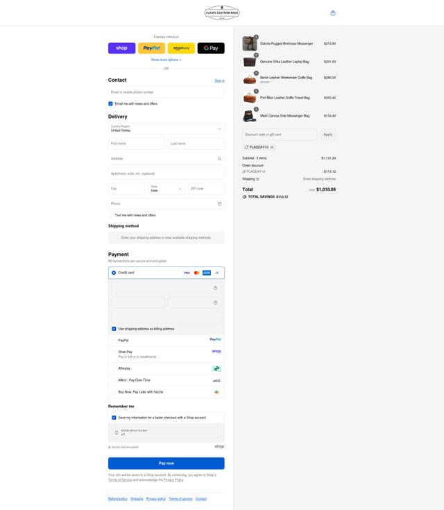 Classy Leather Bags checkout page showing Classy Leather Bags discount code box | Screenshot taken by SimplyCodes community member on Sep 14, 2025