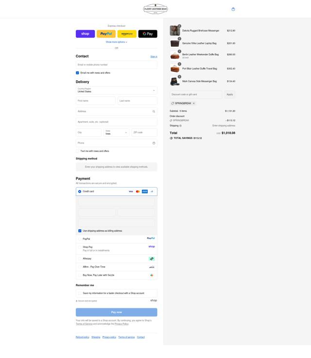 Classy Leather Bags checkout page showing Classy Leather Bags discount code box | Screenshot taken by SimplyCodes community member on Sep 14, 2025