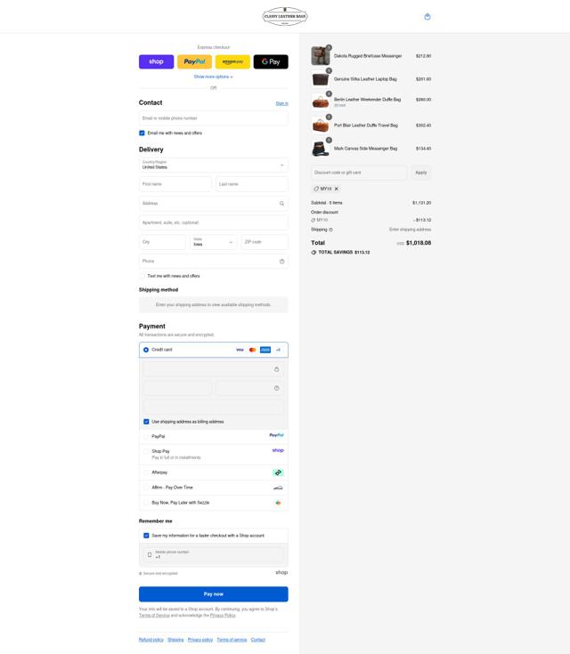 Classy Leather Bags checkout page showing Classy Leather Bags discount code box | Screenshot taken by SimplyCodes community member on Sep 14, 2025