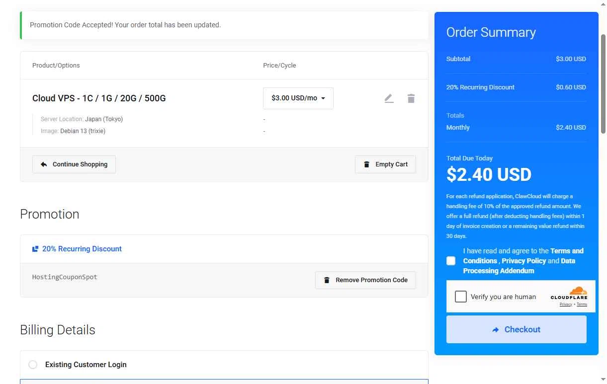 ClawCloud checkout page showing ClawCloud promo code box | Screenshot taken by SimplyCodes community member on Nov 27, 2025