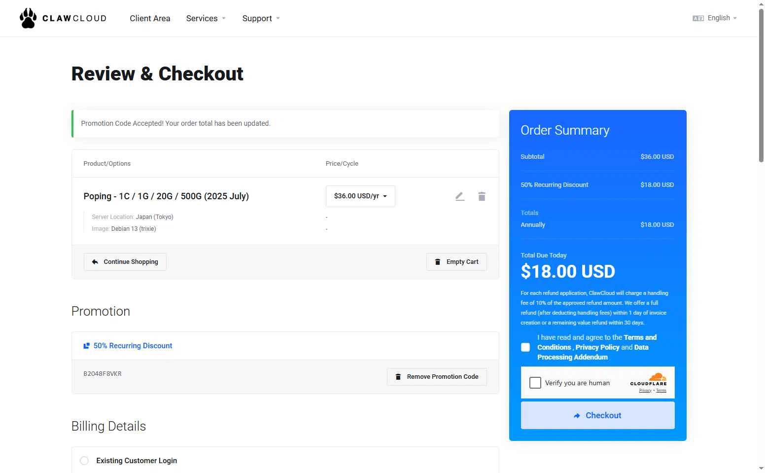 ClawCloud checkout page showing ClawCloud promo code box | Screenshot taken by SimplyCodes community member on Dec 3, 2025