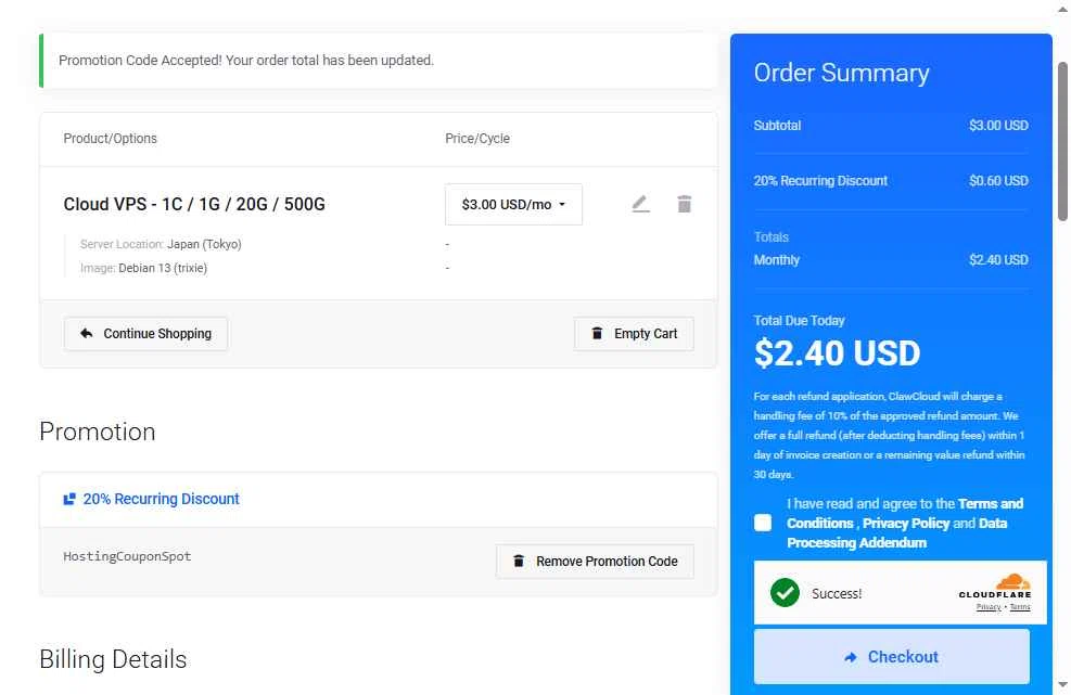 ClawCloud checkout page showing ClawCloud promo code box | Screenshot taken by SimplyCodes community member on Dec 26, 2025