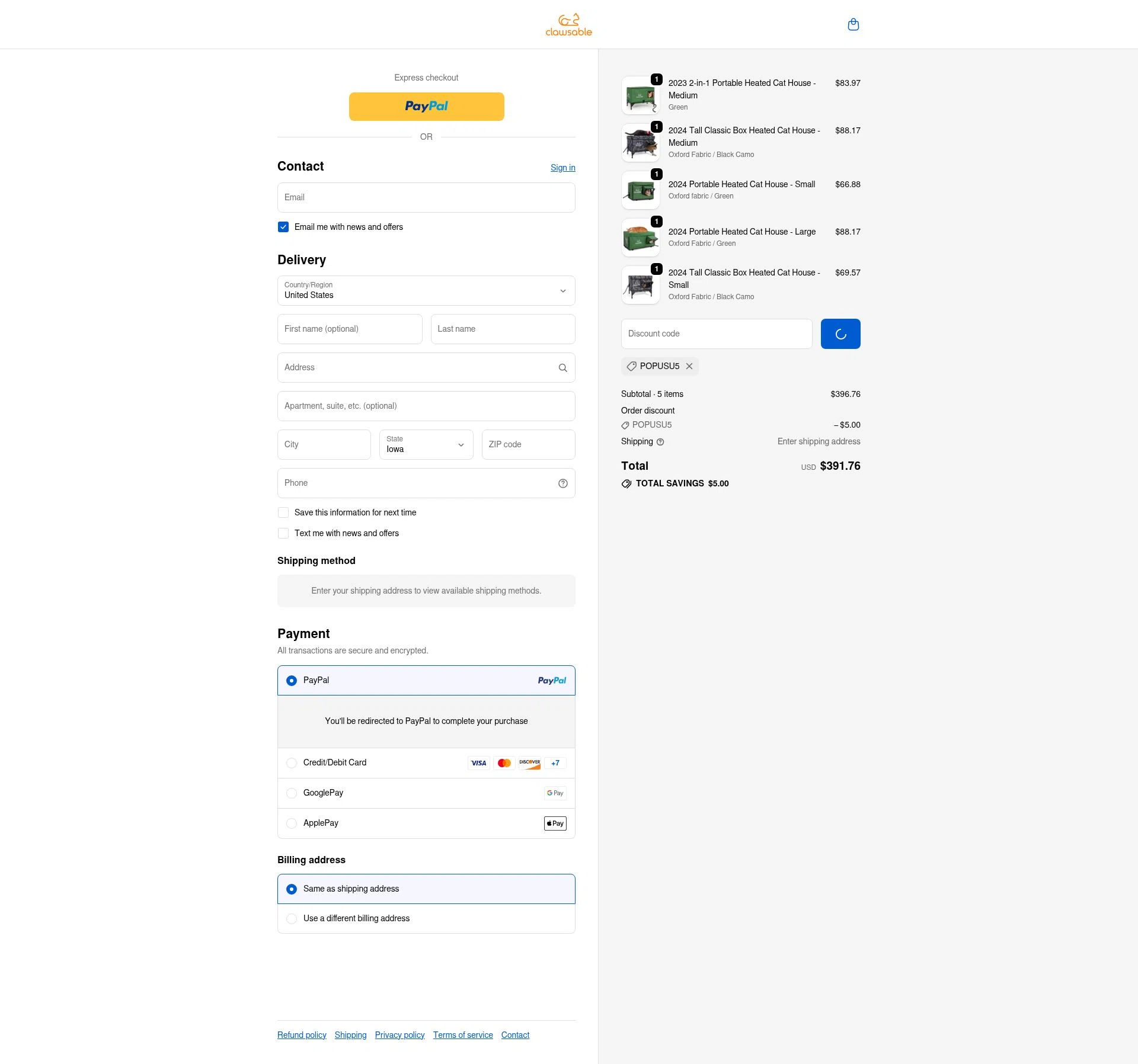 Clawsable checkout page showing Clawsable discount code box | Screenshot taken by SimplyCodes community member on Feb 5, 2026