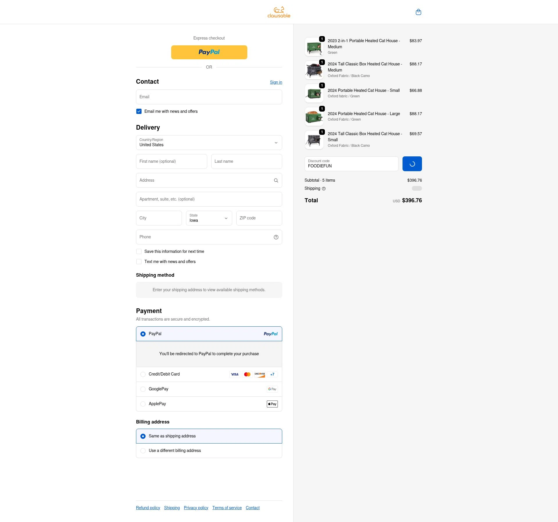 Clawsable checkout page showing Clawsable discount code box | Screenshot taken by SimplyCodes community member on Feb 5, 2026