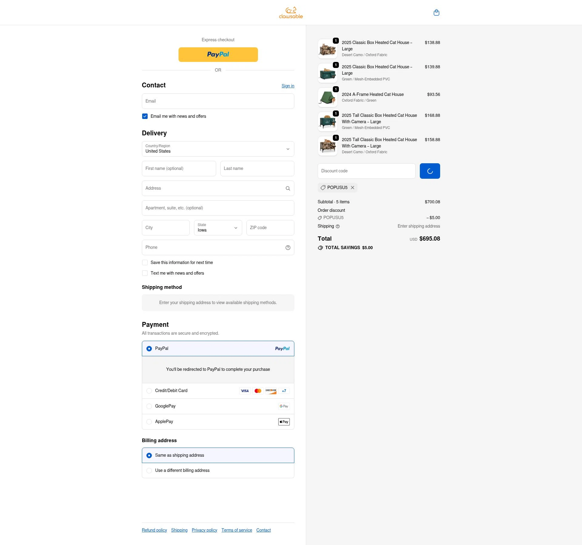 Clawsable checkout page showing Clawsable discount code box | Screenshot taken by SimplyCodes community member on Jan 31, 2026