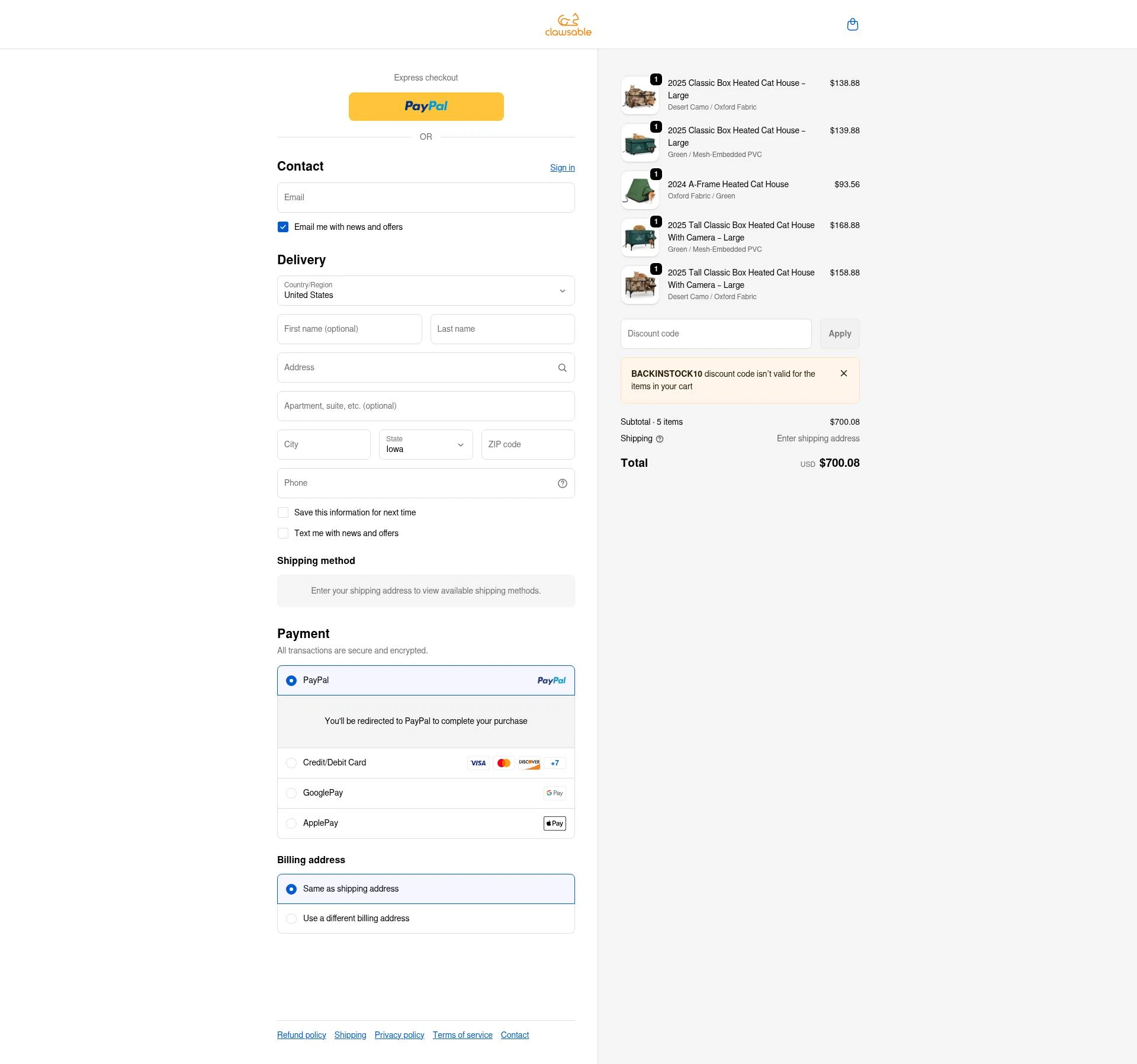 Clawsable checkout page showing Clawsable discount code box | Screenshot taken by SimplyCodes community member on Jan 31, 2026