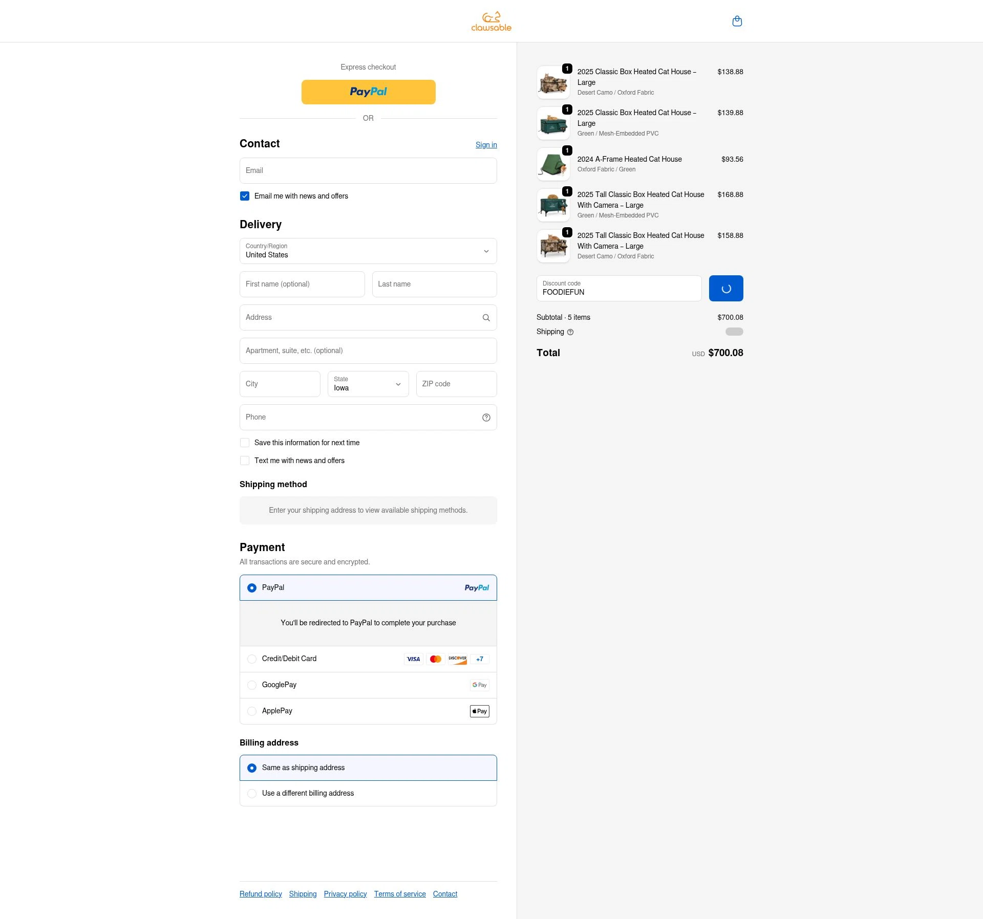 Clawsable checkout page showing Clawsable discount code box | Screenshot taken by SimplyCodes community member on Jan 31, 2026