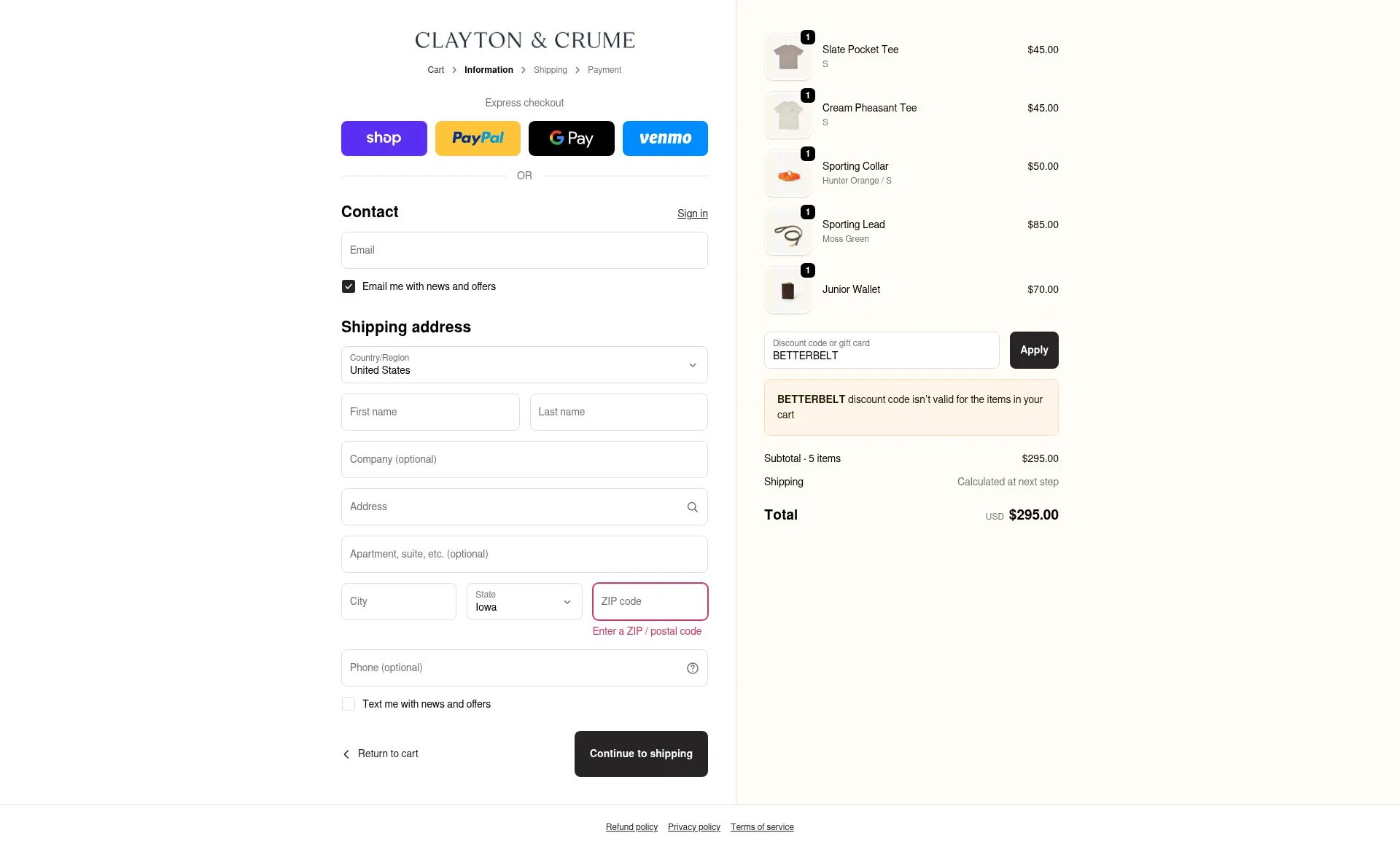 Clayton & Crume checkout page showing Clayton & Crume promo code box | Screenshot taken by SimplyCodes community member on Sep 24, 2025