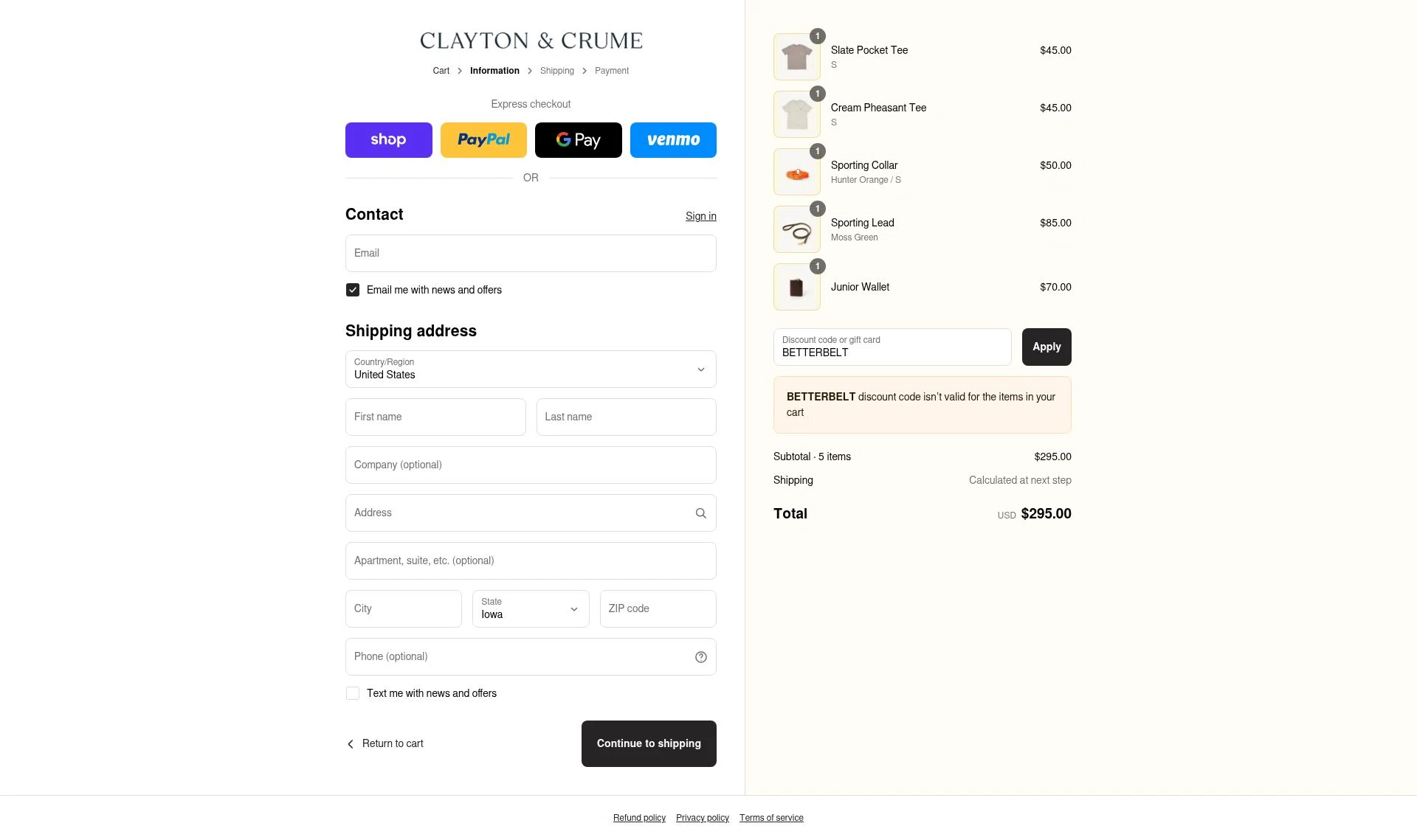 Clayton & Crume checkout page showing Clayton & Crume promo code box | Screenshot taken by SimplyCodes community member on Sep 11, 2025