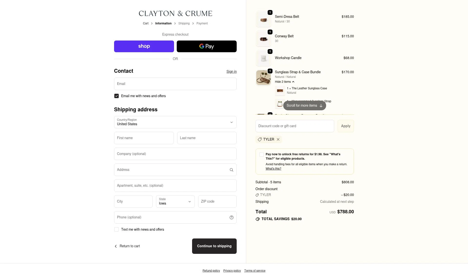 Clayton & Crume checkout page showing Clayton & Crume promo code box | Screenshot taken by SimplyCodes community member on Nov 13, 2025
