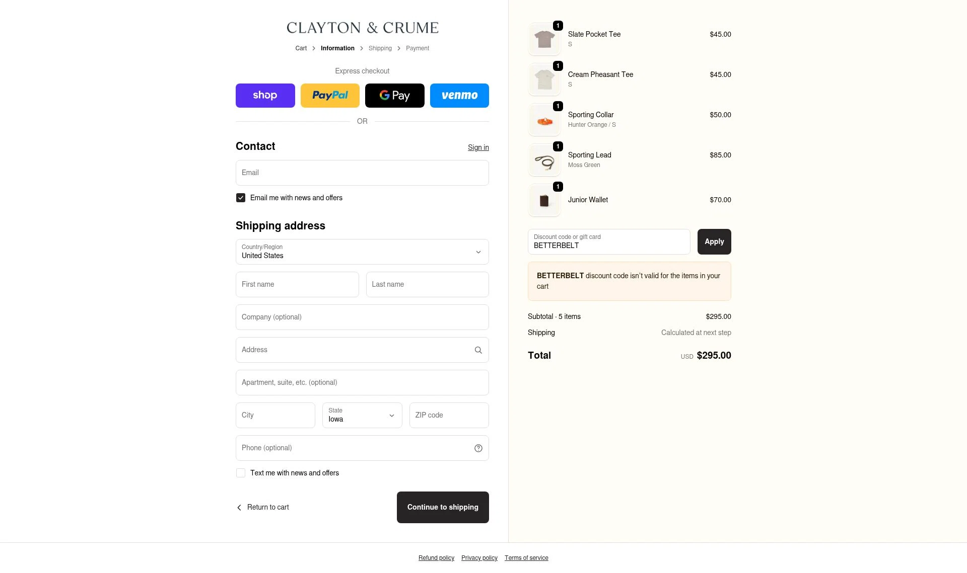 Clayton & Crume checkout page showing Clayton & Crume promo code box | Screenshot taken by SimplyCodes community member on Sep 19, 2025