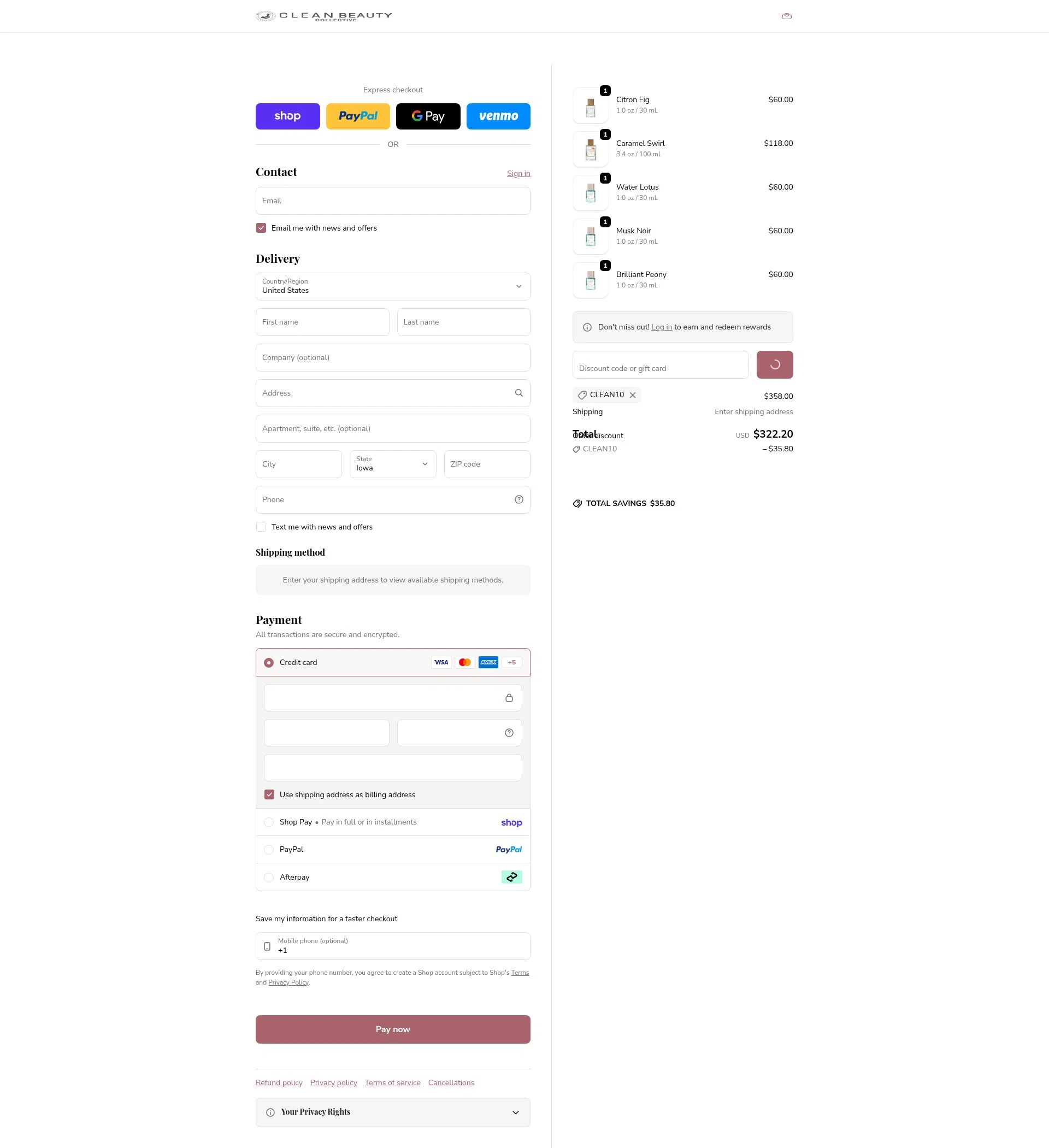 Clean Beauty checkout page showing Clean Beauty promo code box | Screenshot taken by SimplyCodes community member on Feb 5, 2026