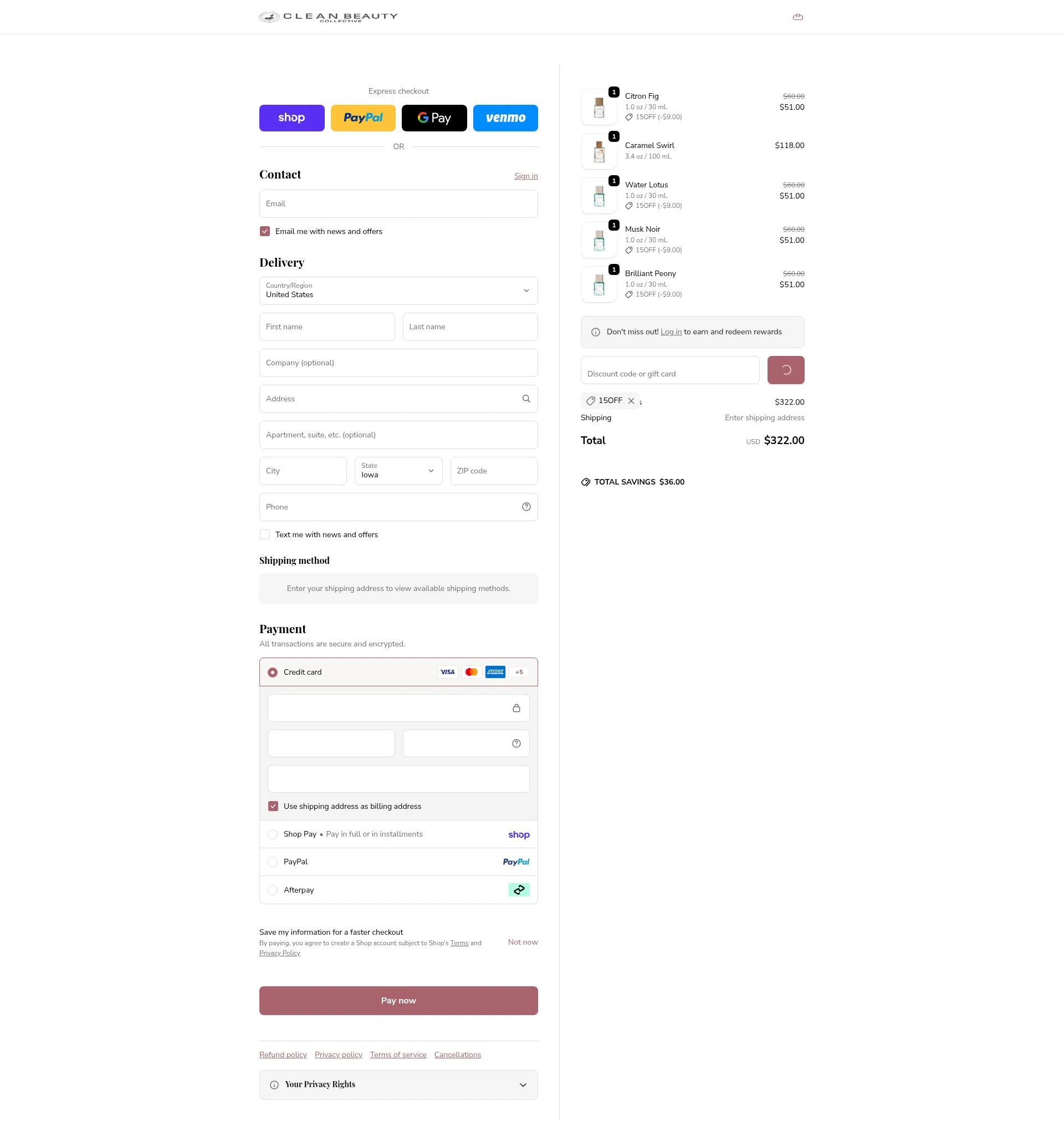 Clean Beauty checkout page showing Clean Beauty promo code box | Screenshot taken by SimplyCodes community member on Feb 15, 2026