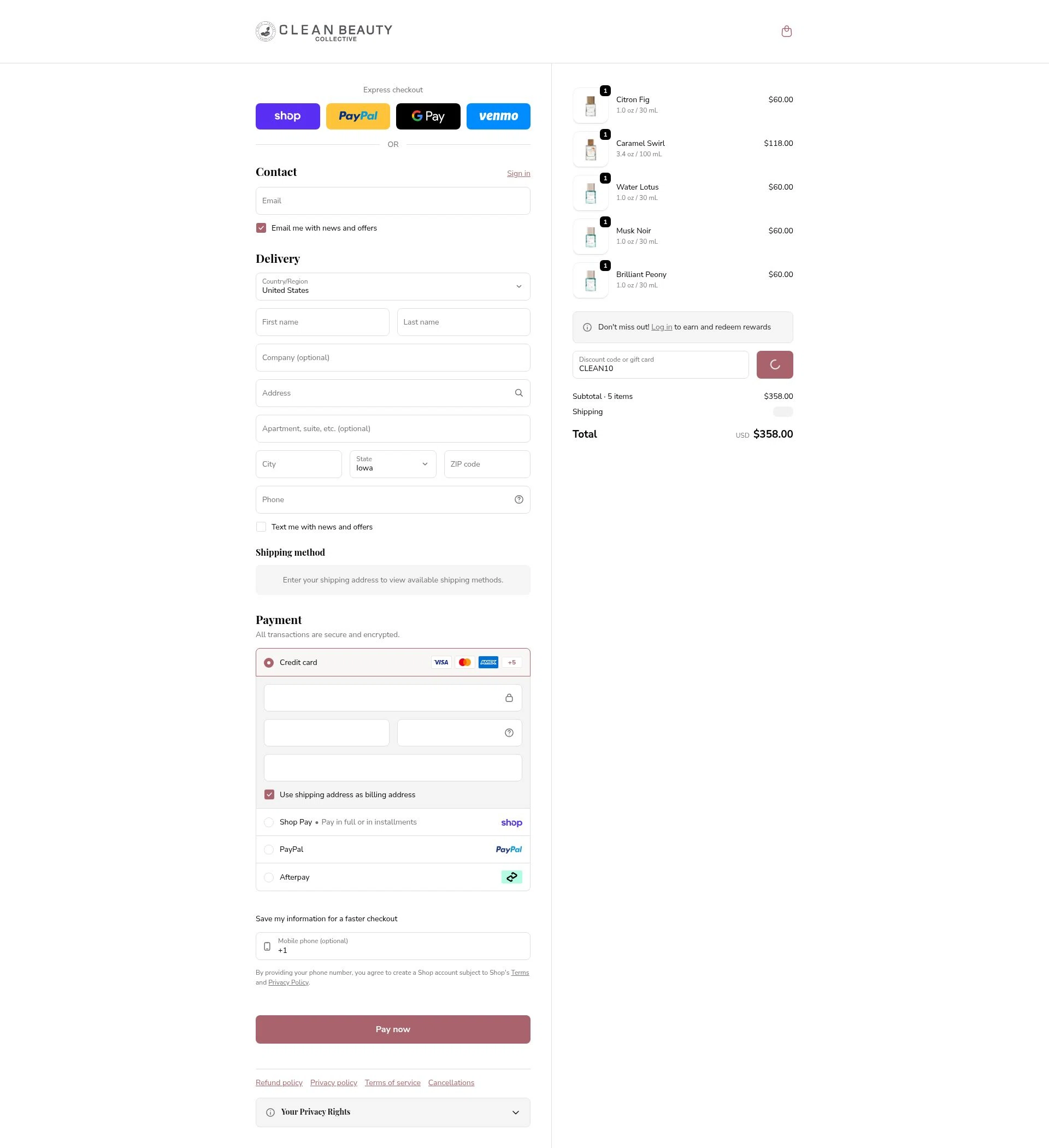 Clean Beauty checkout page showing Clean Beauty promo code box | Screenshot taken by SimplyCodes community member on Feb 7, 2026
