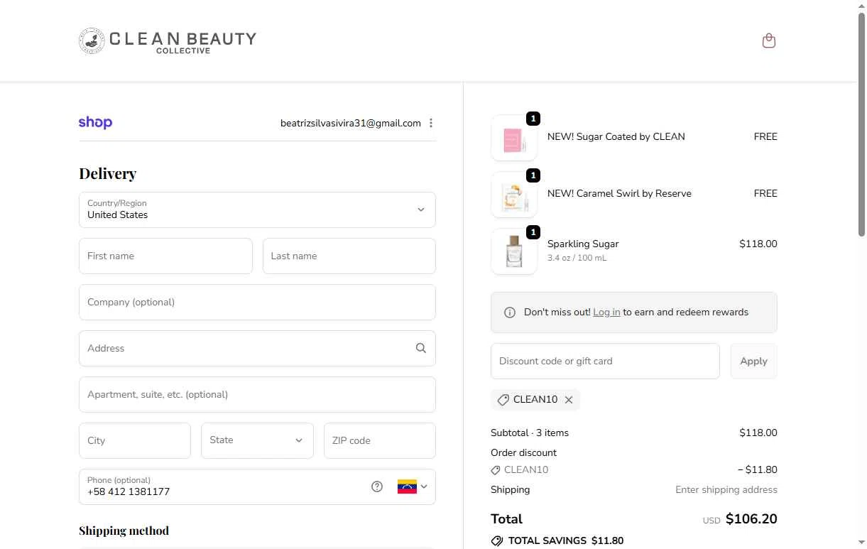Clean Beauty checkout page showing Clean Beauty promo code box | Screenshot taken by SimplyCodes community member on Feb 7, 2026