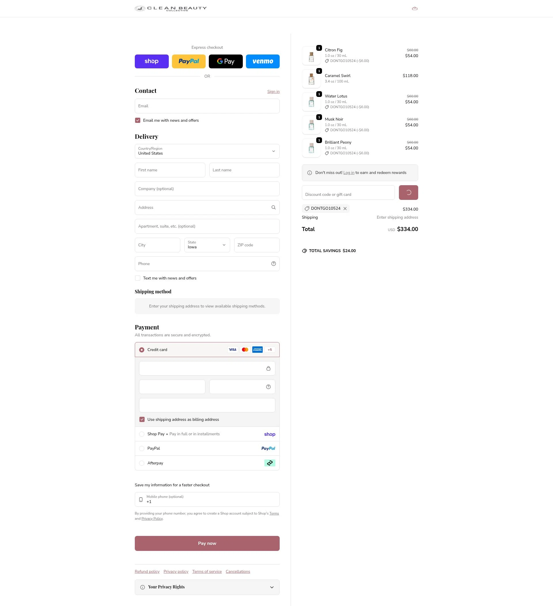 Clean Beauty checkout page showing Clean Beauty promo code box | Screenshot taken by SimplyCodes community member on Feb 5, 2026