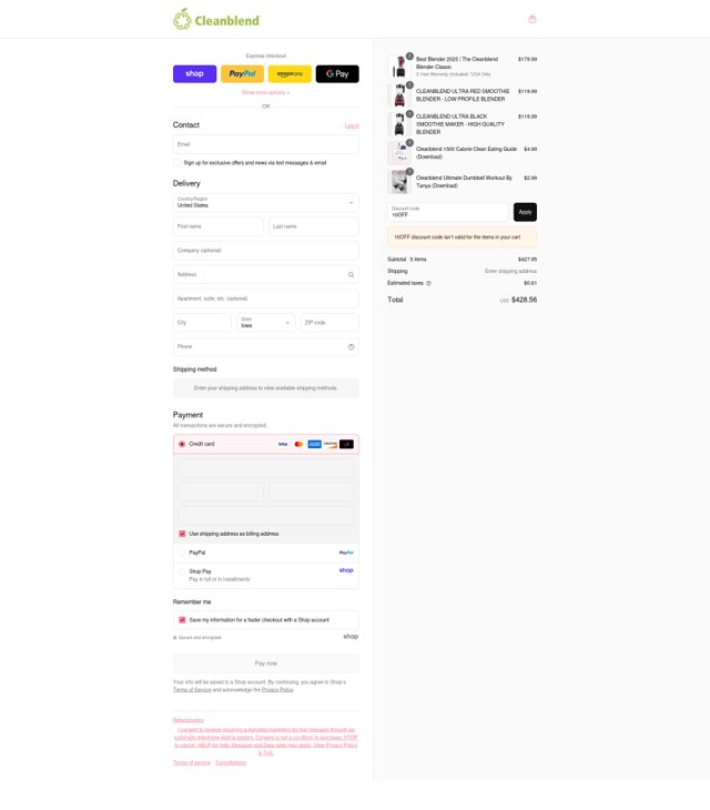 Cleanblend checkout page showing Cleanblend promo code box | Screenshot taken by SimplyCodes community member on Sep 4, 2025