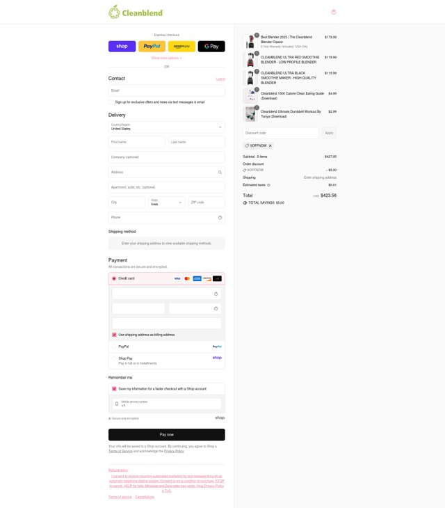 Cleanblend checkout page showing Cleanblend promo code box | Screenshot taken by SimplyCodes community member on Sep 4, 2025