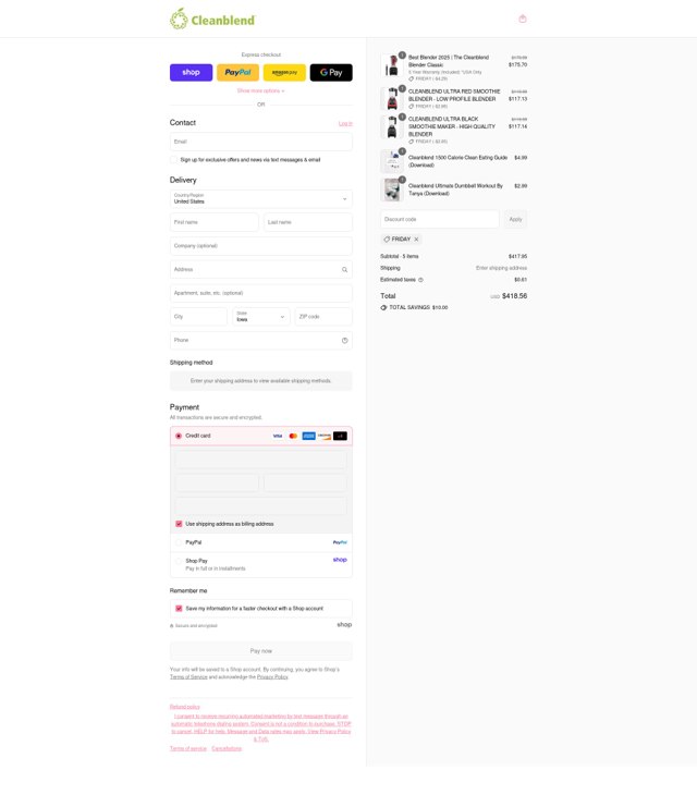 Cleanblend checkout page showing Cleanblend promo code box | Screenshot taken by SimplyCodes community member on Sep 4, 2025