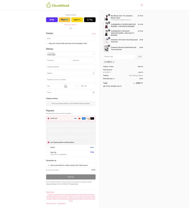 Cleanblend checkout page showing Cleanblend promo code box | Screenshot taken by SimplyCodes community member on Sep 4, 2025